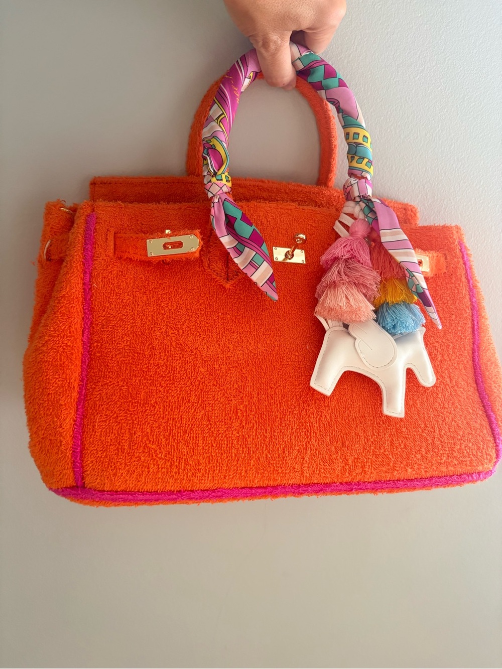 Beach Haus Orange Terry Tote with Pink Trim and Scarf-Wrapped Handle